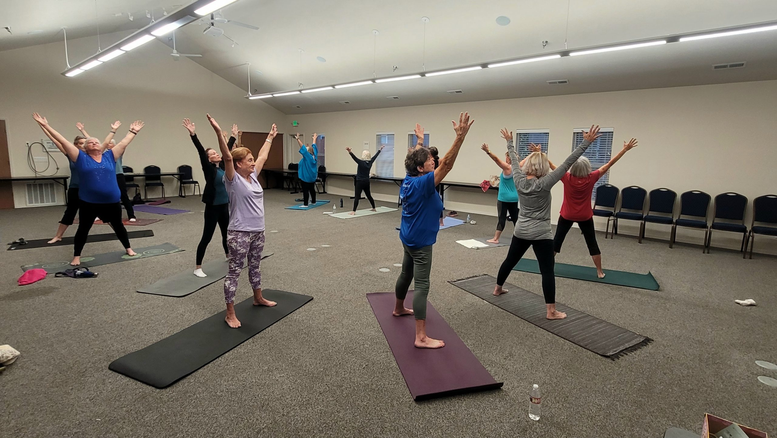 Yoga with Susan Glasson embracing the pose as a group